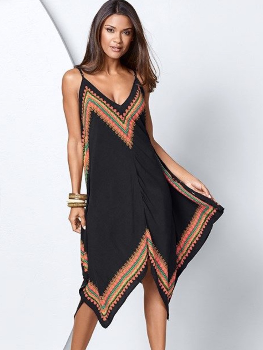 Venus small handkerchief dress black with orange/green print